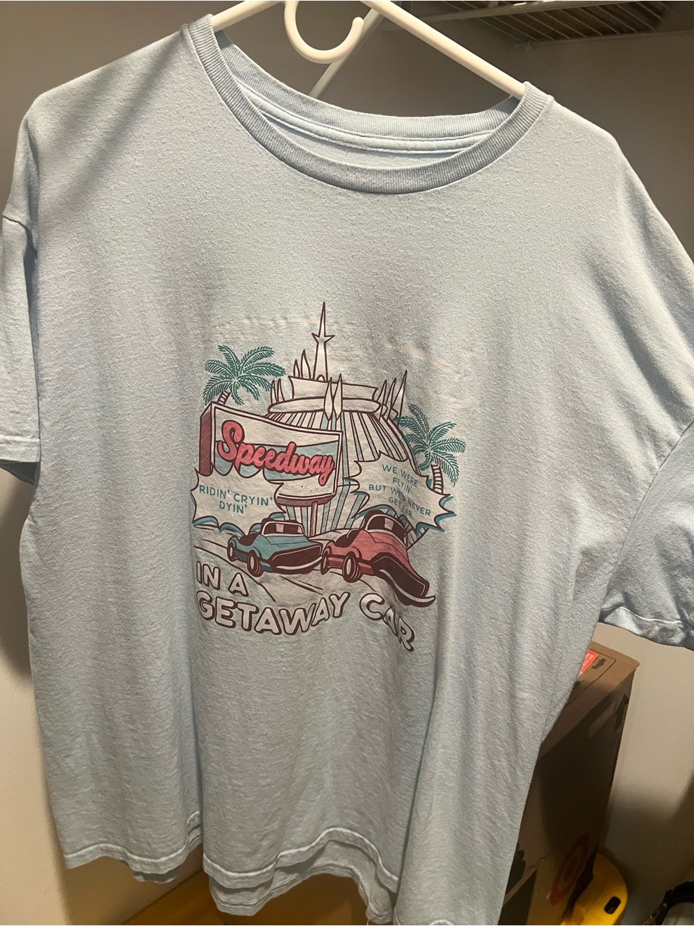 Light Blue Graphic Speedway Getaway Car T‑Shirt